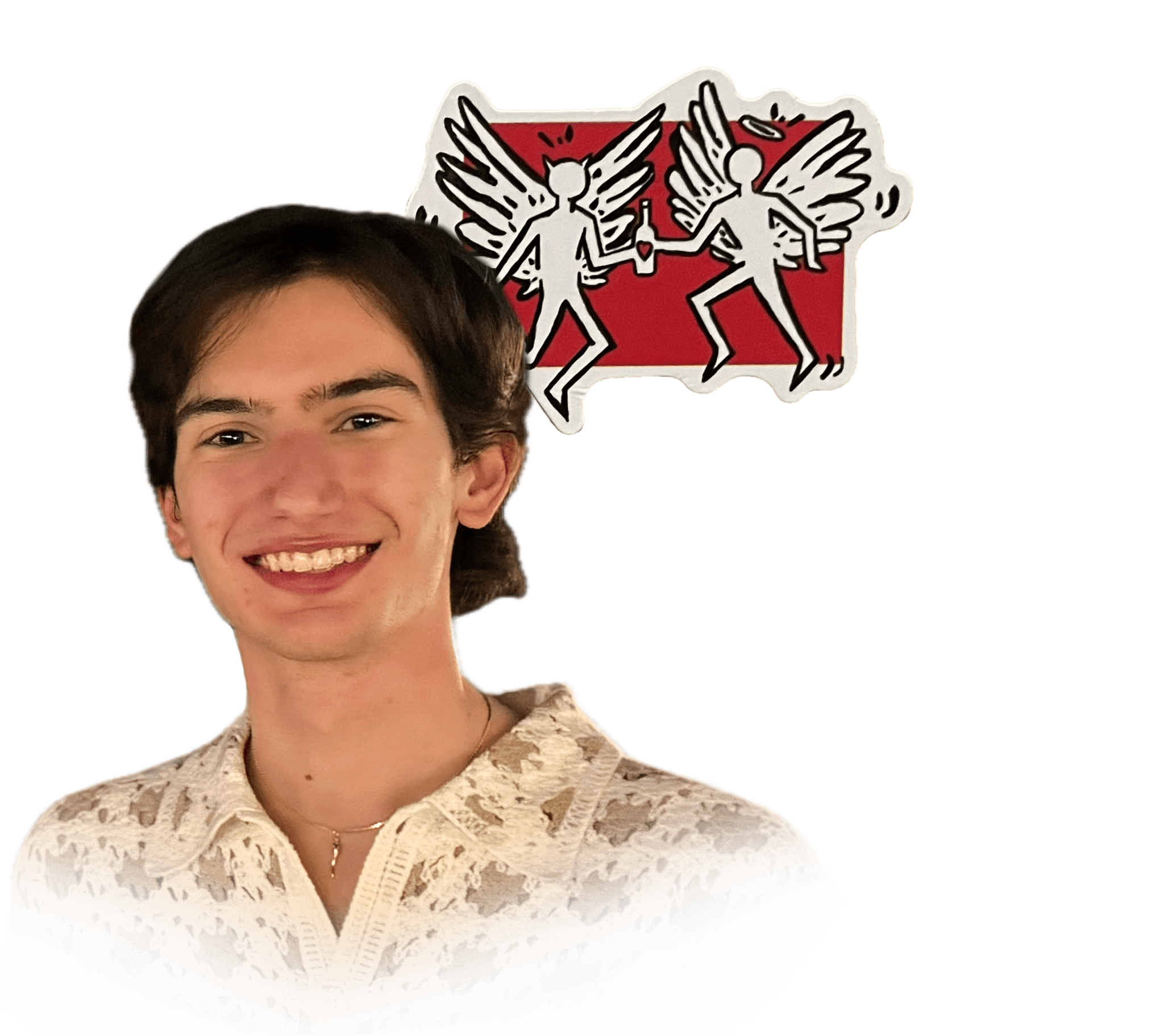 Person smiling wearing a crochet shirt. Behind is a sticker with an angel and demon holding a liquor bottle with a heart inside it. Overlayed above is a sticker of a person holding their head looking stressed.