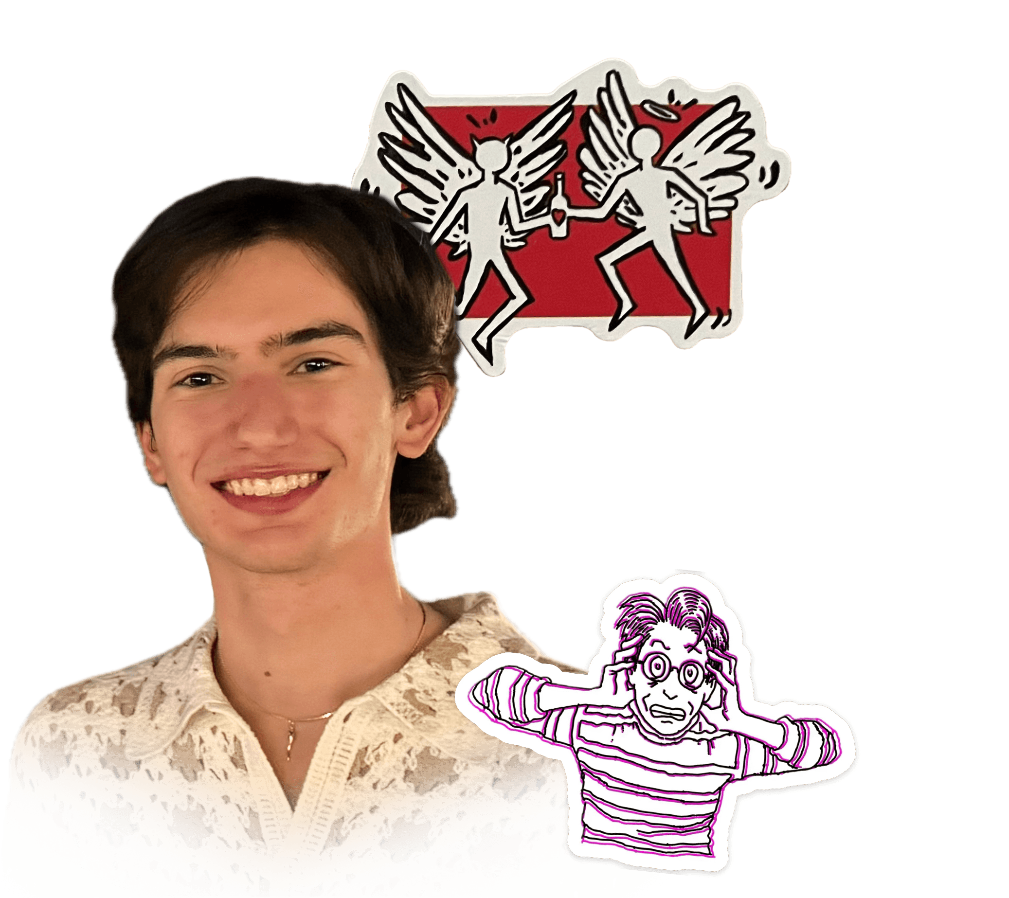 Person smiling wearing a crochet shirt. Behind is a sticker with an angel and demon holding a liquor bottle with a heart inside it. Overlayed above is a sticker of a person holding their head looking stressed.